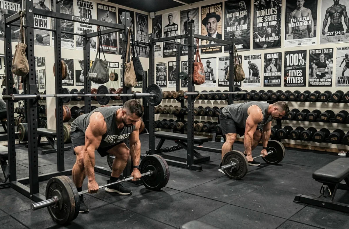 Salle 100% Fitness avec équipements de musculation lourds et pratiquants en plein effort