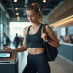 Femme scannant son abonnement Basic-Fit à l'entrée d'une salle de sport moderne
