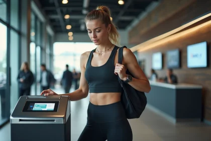 Femme scannant son abonnement Basic-Fit à l'entrée d'une salle de sport moderne