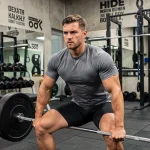 Homme musclé effectuant un squat avec barre dans une salle de sport moderne de type Basic Fit, ambiance gym professionnelle