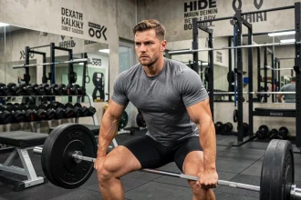 Homme musclé effectuant un squat avec barre dans une salle de sport moderne de type Basic Fit, ambiance gym professionnelle