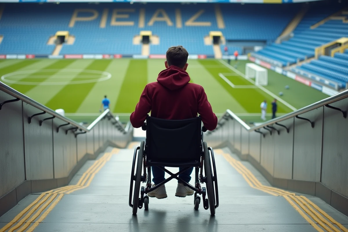 Homme en fauteuil roulant empruntant une rampe d'accès dans un stade de football parisien