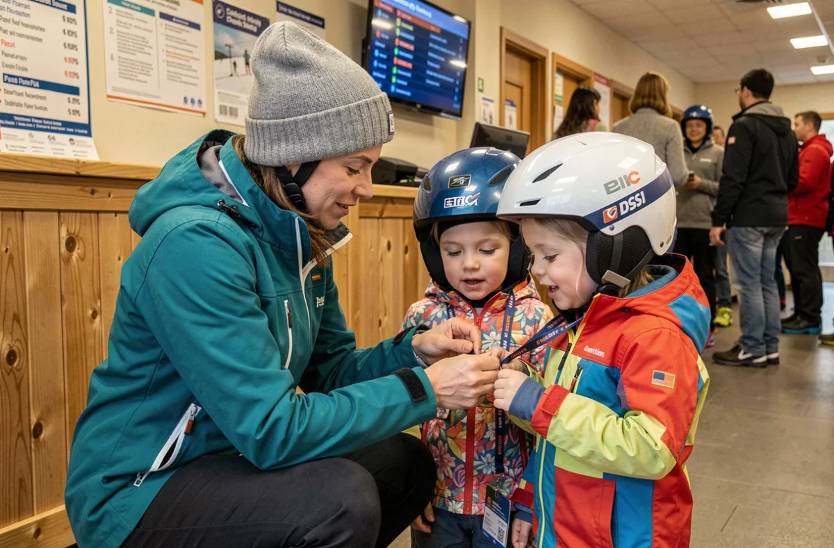 Mère accrochant un forfait de ski sur le manteau de sa fille à l'accueil d'une station de ski des Arcs