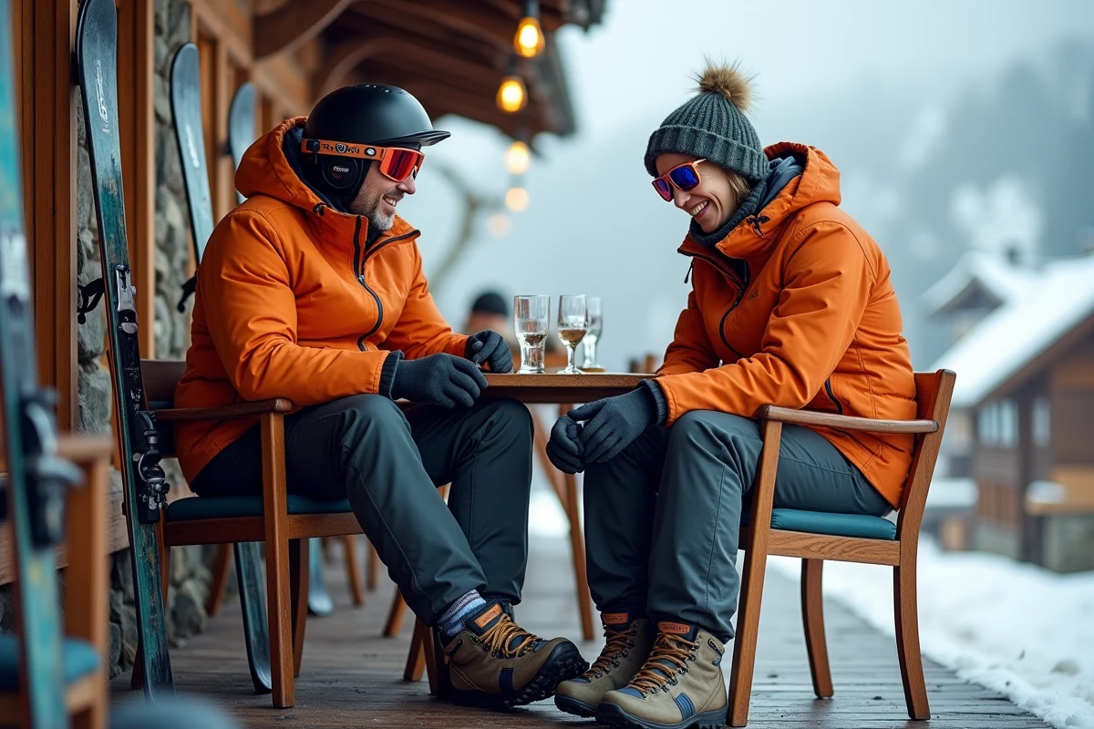 Deux amis grande taille en tenue de ski sur une terrasse de restaurant de montagne après le ski