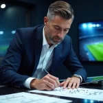 Analyste football en studio TV étudiant la composition officielle du PSG sur tablette et fiches tactiques