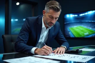 Analyste football en studio TV étudiant la composition officielle du PSG sur tablette et fiches tactiques
