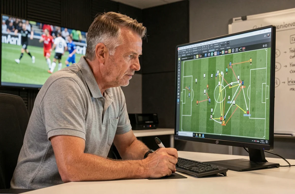 Analyste sportif étudiant des formations tactiques de football sur écran dans une salle d'analyse vidéo