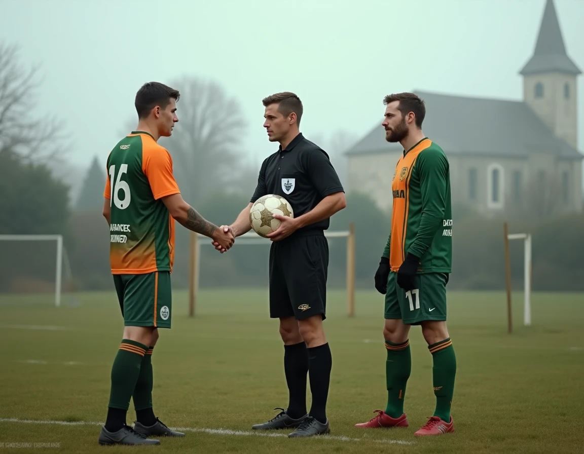 Arbitre et capitaines d'équipes adverses se serrant la main avant le coup d'envoi d'un derby du district de football Haute-Loire