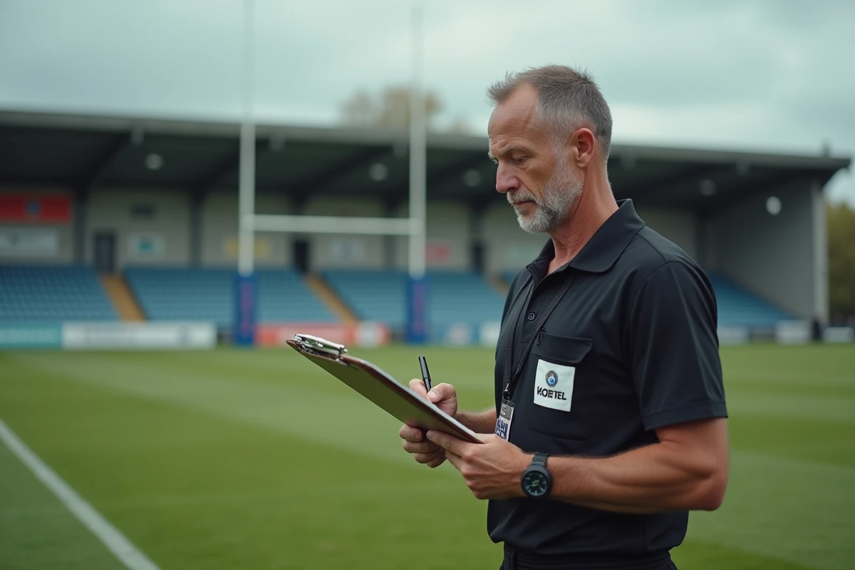 Arbitre de rugby fédérale 3 notant les scores sur une feuille de match officielle au bord du terrain