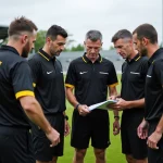 Arbitres du district FFF Calvados discutant sur un terrain de football en Normandie