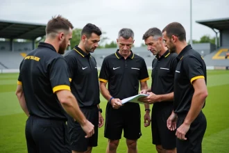 Arbitres du district FFF Calvados discutant sur un terrain de football en Normandie