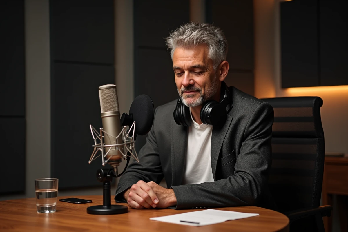Ancien champion cycliste enregistrant un podcast dans un studio acoustique, expression pensive face au micro, atmosphère d'aveux et de réflexion personnelle