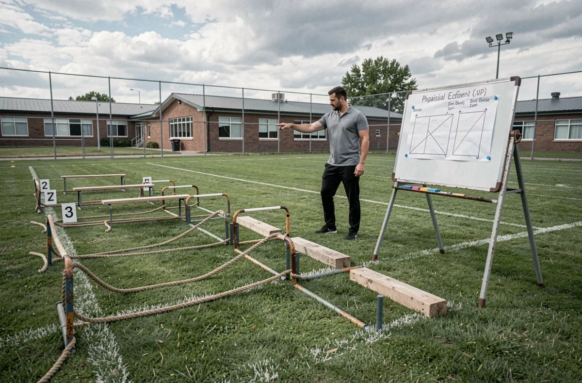 Enseignant EPS installant des ateliers numérotés en circuit sur un terrain de sport scolaire extérieur