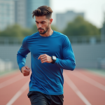 Jeune athlète courant en extérieur avec smartwatch