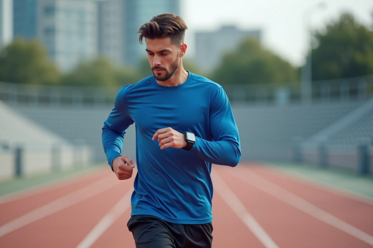 Jeune athlète courant en extérieur avec smartwatch