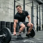 Athlète CrossFit masculin en pleine transition entre haltère et barre de traction lors de l'Open CrossFit 2026