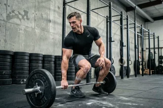Athlète CrossFit masculin en pleine transition entre haltère et barre de traction lors de l'Open CrossFit 2026