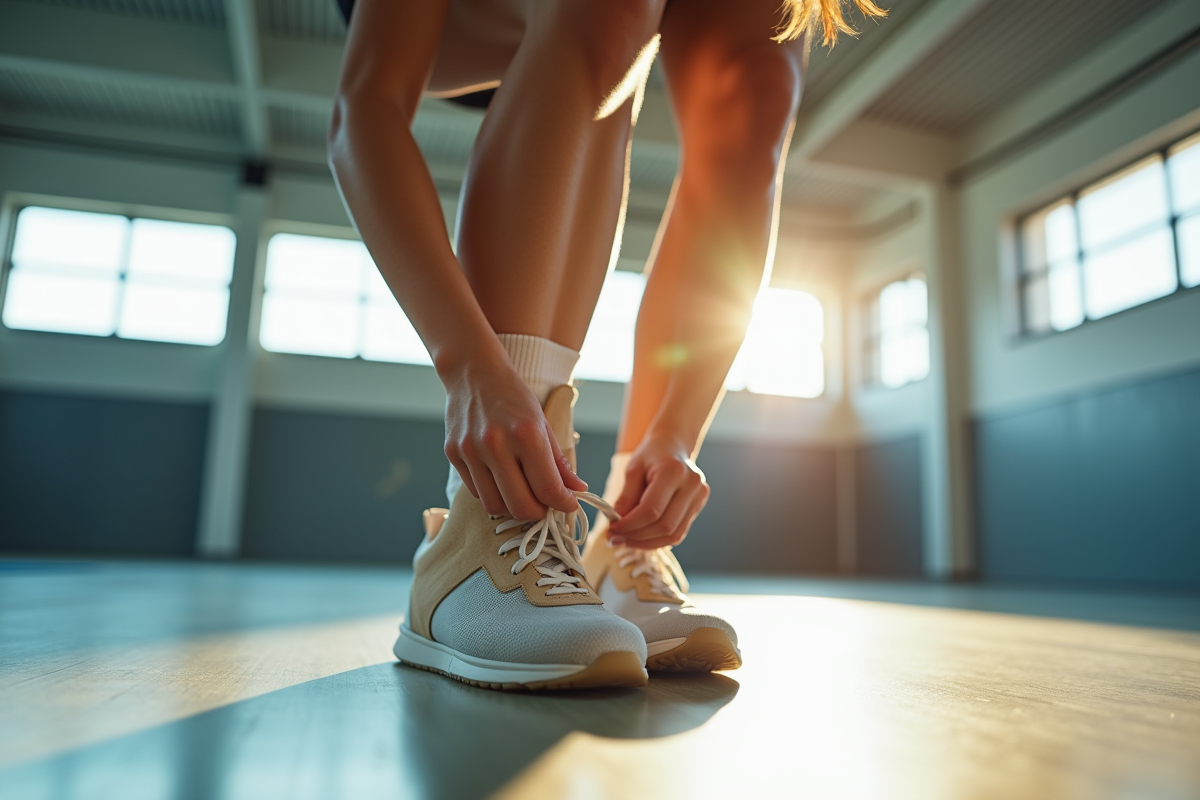 Femme athlète dans une salle lumineuse nouant sa chaussure avec une orthèse de cheville