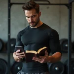 Athlète masculin en salle de musculation consultant une application de nutrition et un carnet d'entraînement pour planifier une phase de sèche ou de prise de masse