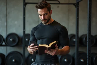 Athlète masculin en salle de musculation consultant une application de nutrition et un carnet d'entraînement pour planifier une phase de sèche ou de prise de masse