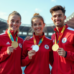 Trois athlètes avec médailles olympiques devant un stade