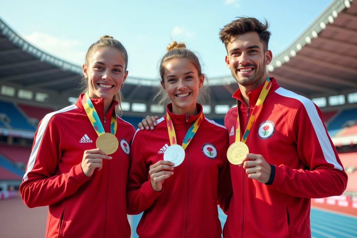 Trois athlètes avec médailles olympiques devant un stade