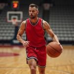 Joueur de basketball athlétique en maillot rouge en action