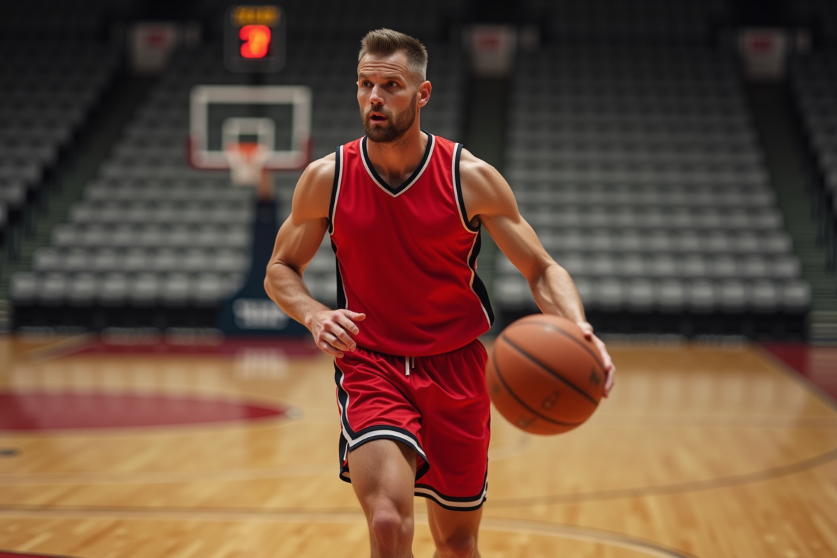 Joueur de basketball athlétique en maillot rouge en action