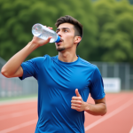 Jeune athlète homme buvant de l'eau en course