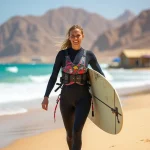 Jeune femme sportive en combinaison de plongée sur la plage de Dahab