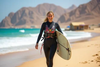 Jeune femme sportive en combinaison de plongée sur la plage de Dahab