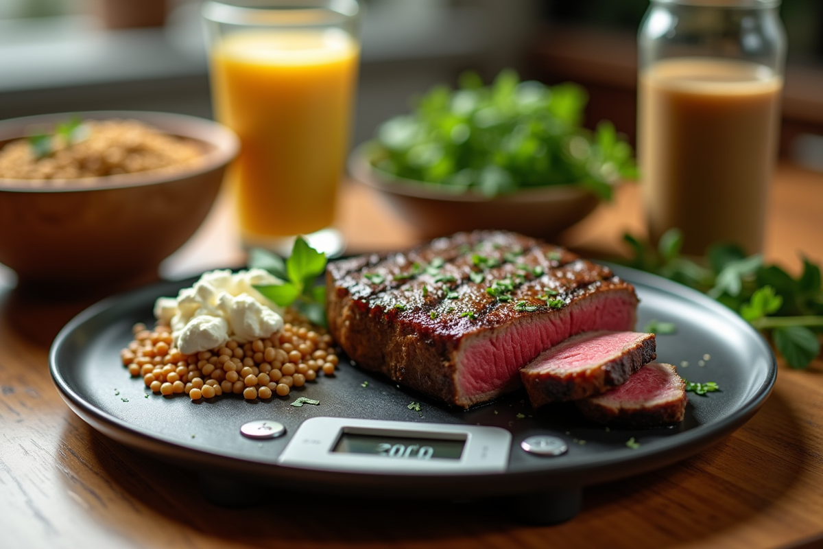Balance numérique avec steak et lentilles sur table en lumière naturelle