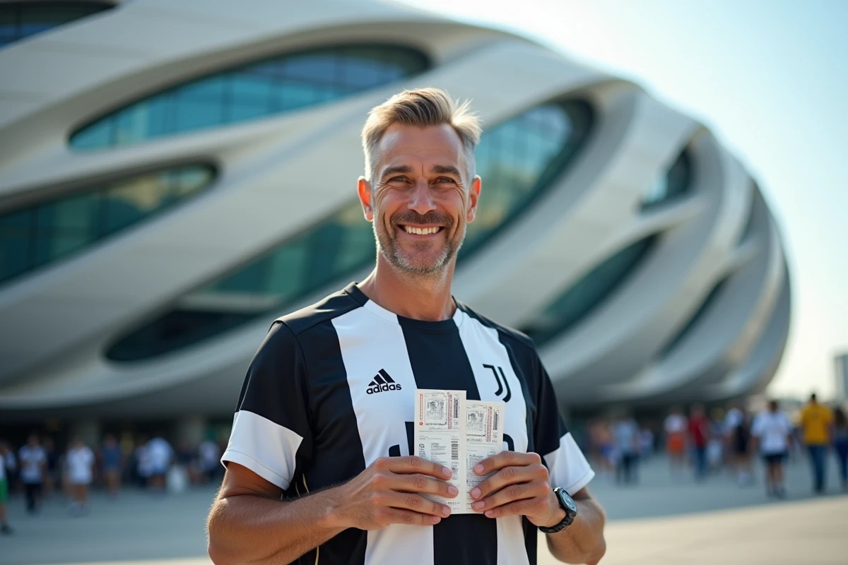 Supporter de la Juventus tenant ses billets de match devant l'Allianz Stadium de Turin, avec l'architecture moderne du stade en arrière-plan