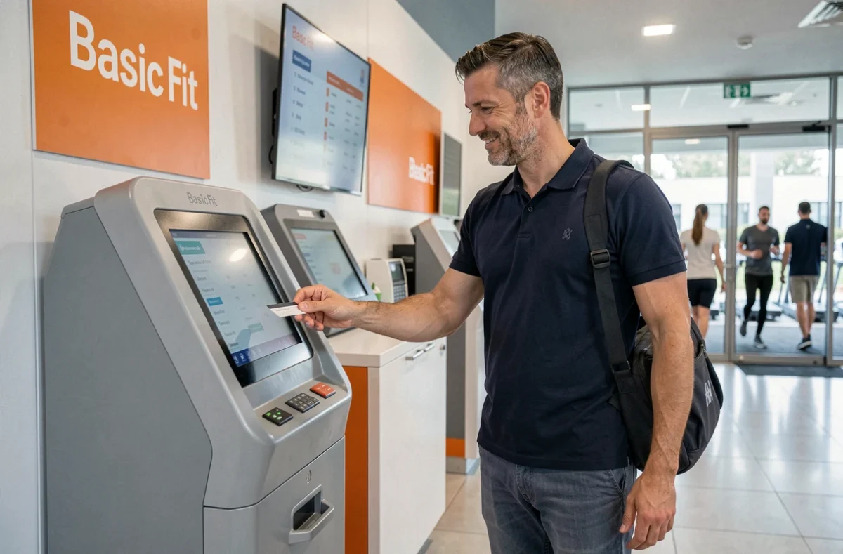 Abonné utilisant la borne d'accès automatique d'une salle Basic Fit, expérience abonnement premium réelle