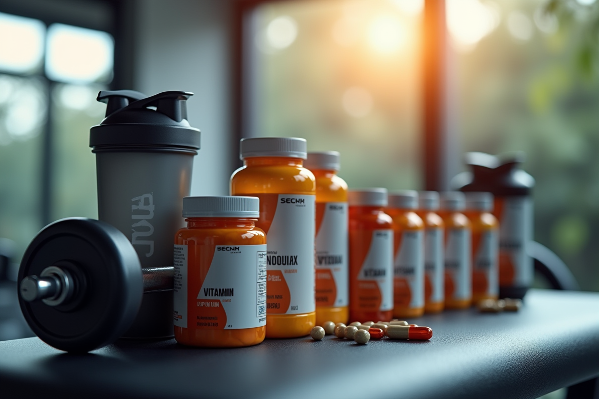 Collection de vitamines et compléments avec haltères