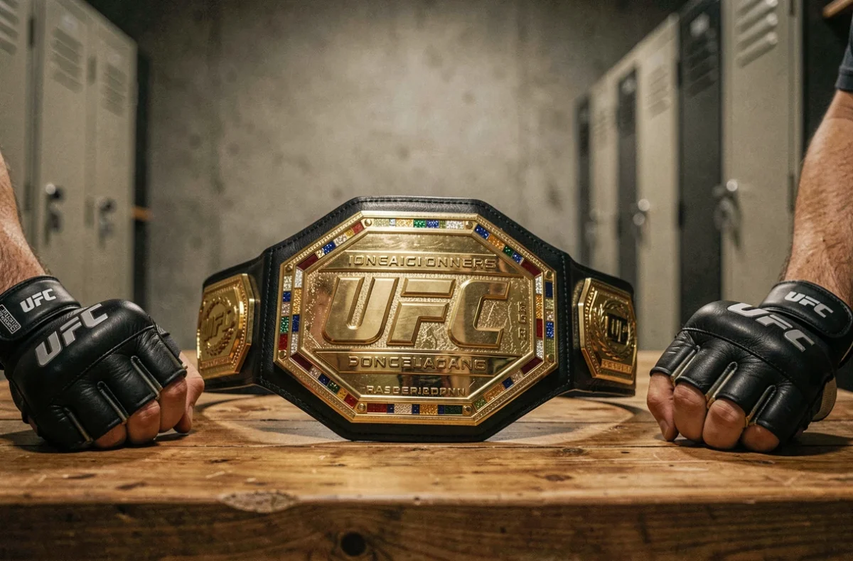 Ceinture de champion UFC posée sur une table en bois, symbole des titres et catégories de poids dans les arts martiaux mixtes