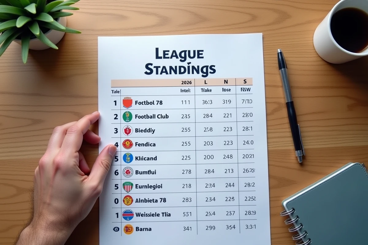 Tableau de classement imprimé du Football Club Versailles 78 pour la saison 2026 posé sur un bureau en bois