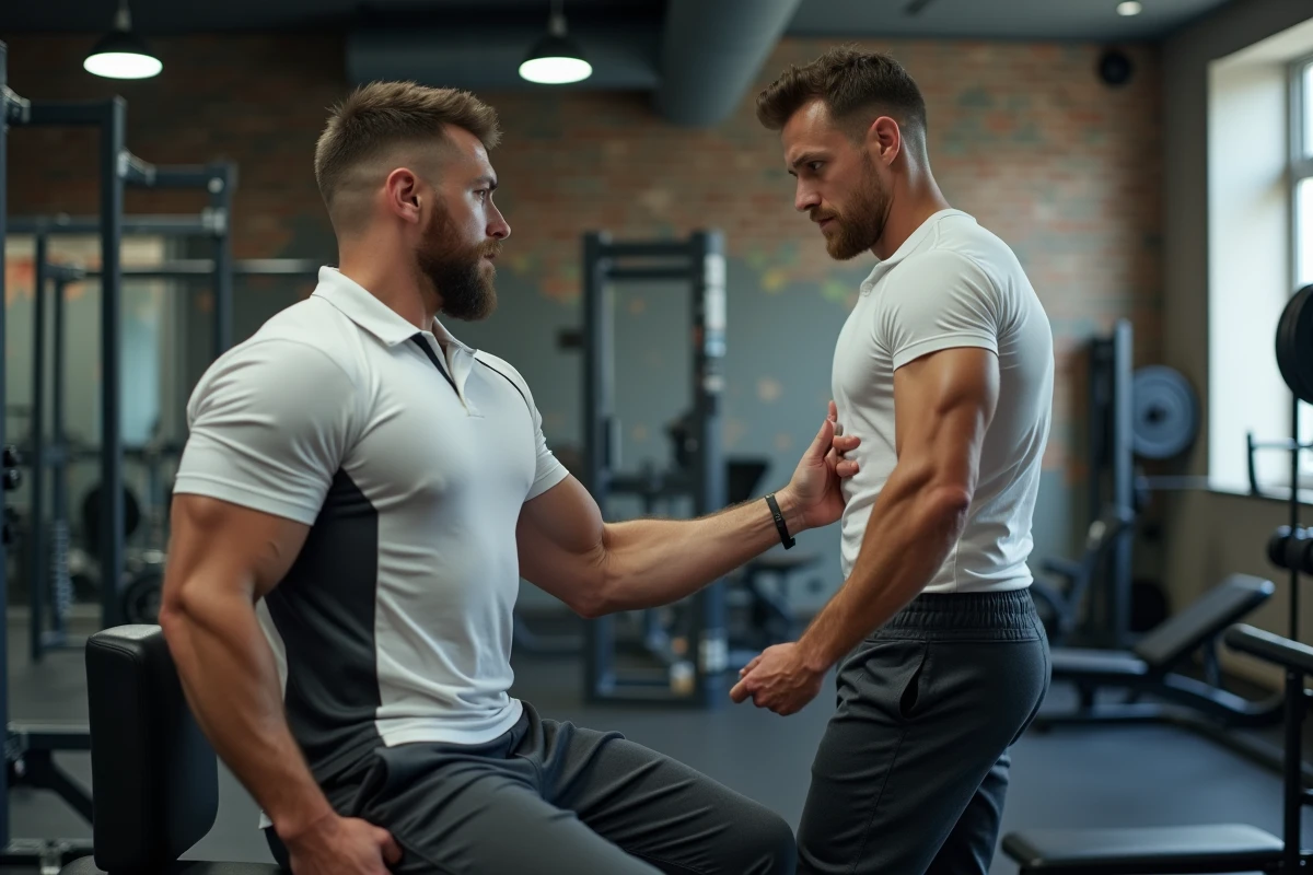 Coach sportif expliquant la technique du preacher curl à un débutant dans une salle de sport communautaire