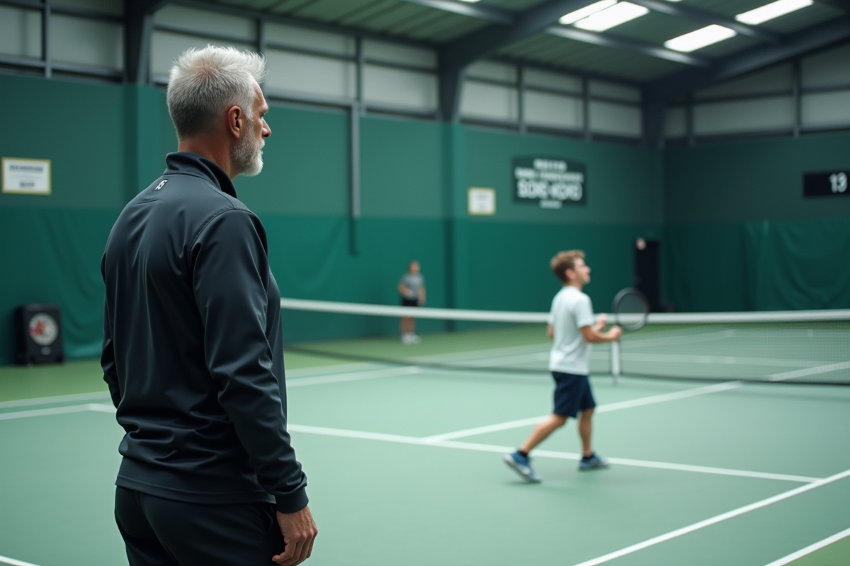 Entraîneur de tennis observe un jeune joueur en intérieur