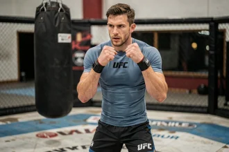 Combattant MMA professionnel en posture de combat dans une salle d'entraînement UFC, illustrant les catégories de poids et les prétendants au titre