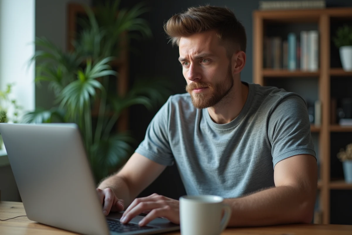 Homme consultant les options d'abonnement sans engagement Basic-Fit sur son ordinateur portable