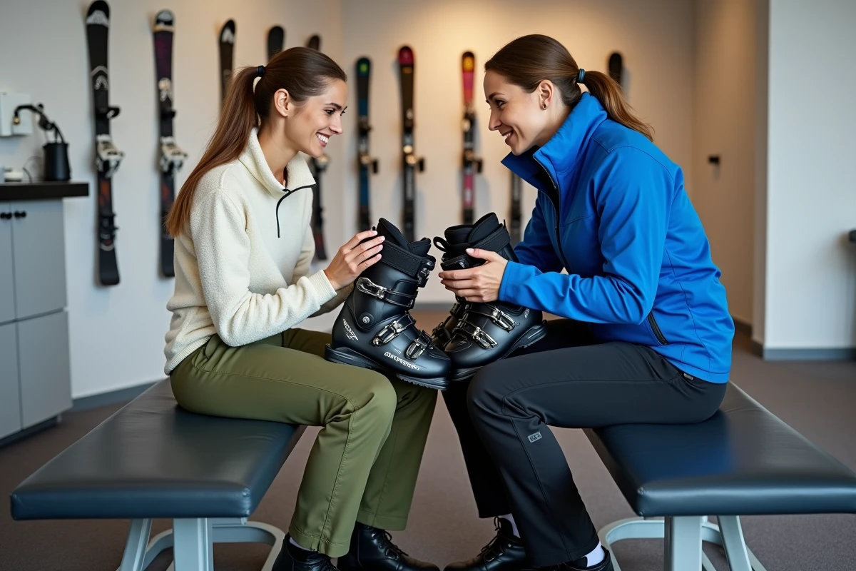 Deux femmes comparant des chaussures de ski dans un studio d'essayage professionnel, conseils sur le flex adapté