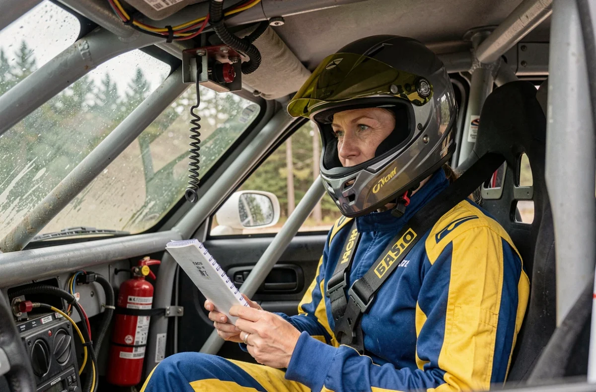 Co-pilote de rallye dans l'habitacle d'une voiture de rallye sur terre, consultant ses notes de pace lors d'une étape