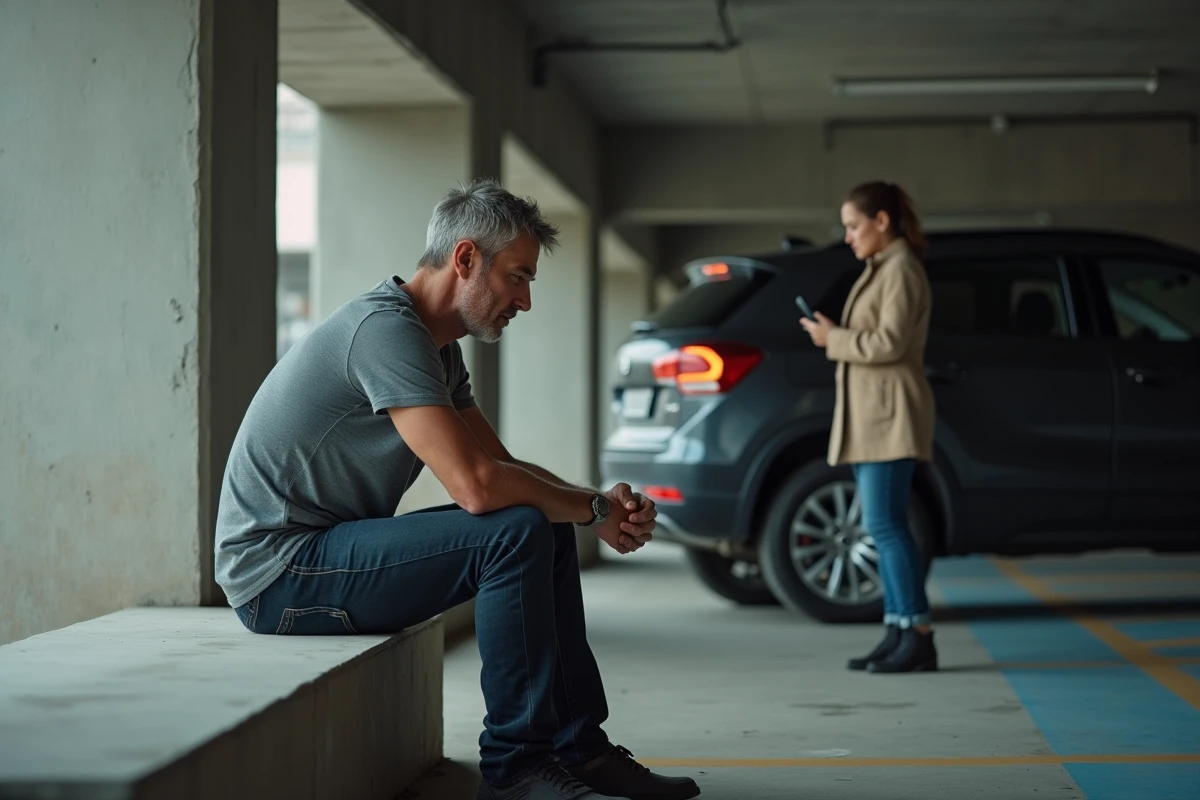 Homme pensif assis seul dans un parking souterrain tandis qu'une femme téléphone en arrière-plan, illustrant la distance au sein d'un couple médiatisé