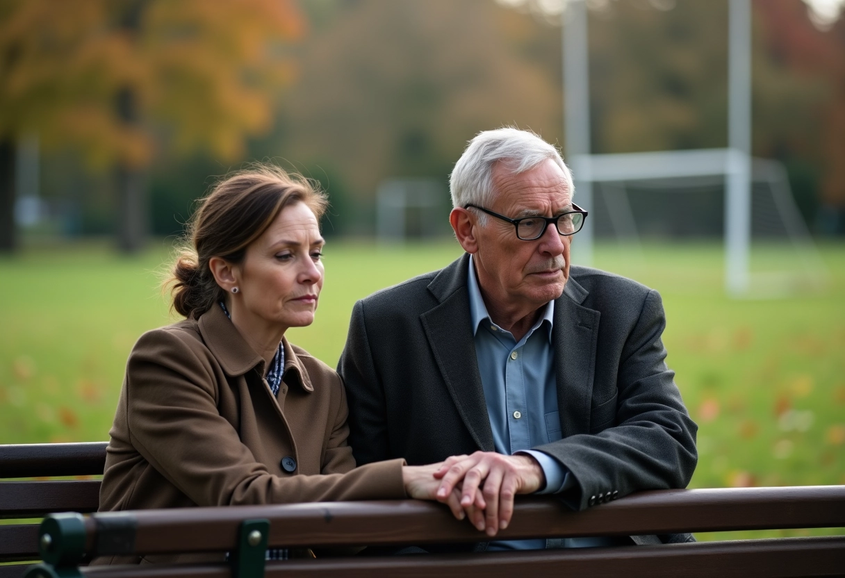 Couple assis sur un banc dans un parc en automne
