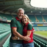 Couple d'adultes en rugby dans un stade animé
