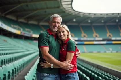Couple d'adultes en rugby dans un stade animé