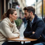 Couple sous pression médiatique attablé dans un café parisien en automne, expressions composées et atmosphère tendue