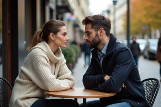 Couple sous pression médiatique attablé dans un café parisien en automne, expressions composées et atmosphère tendue