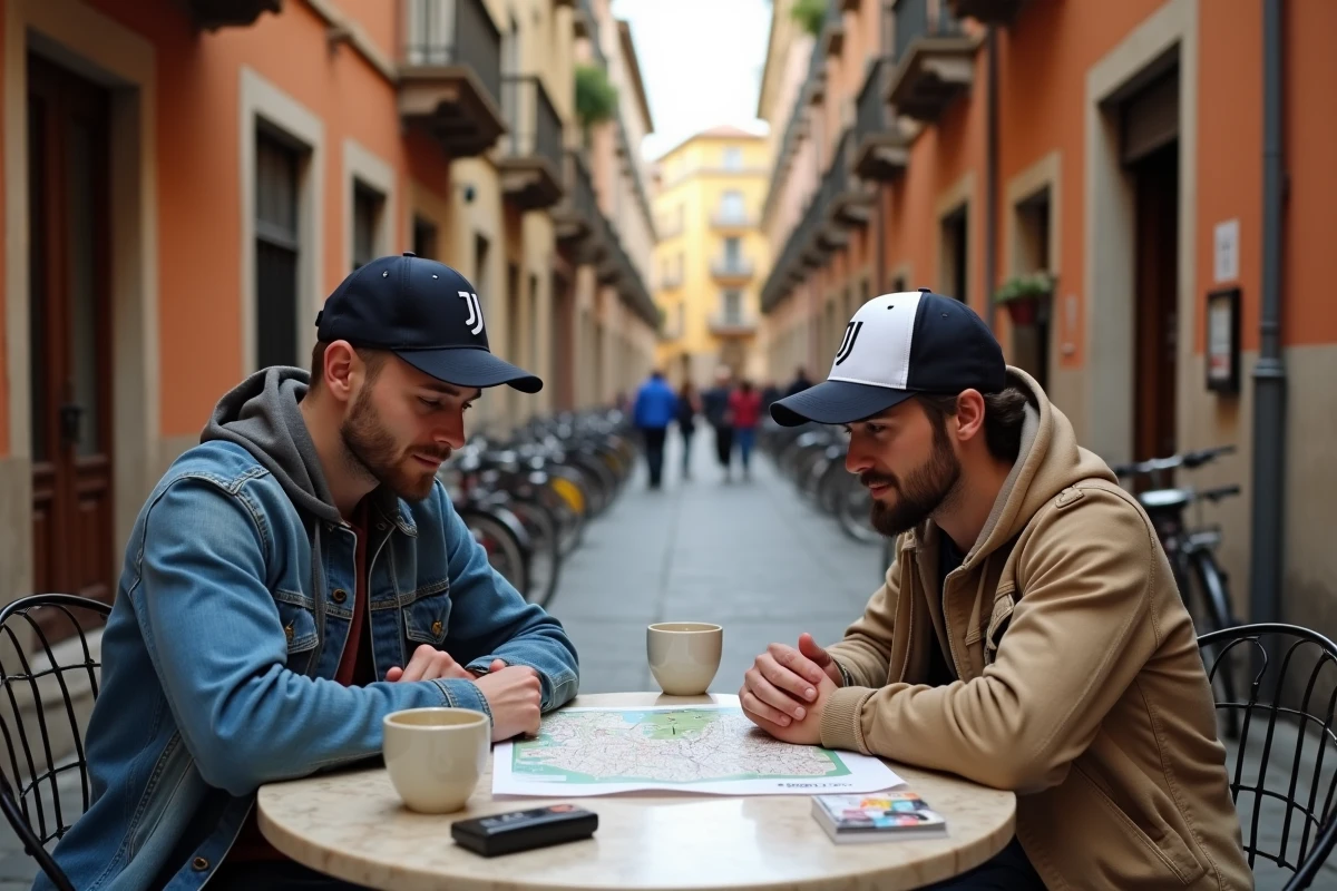 Couple de touristes supporters de la Juventus FC planifiant leur week-end à Turin autour d'un café en terrasse dans le quartier historique du Quadrilatero Romano